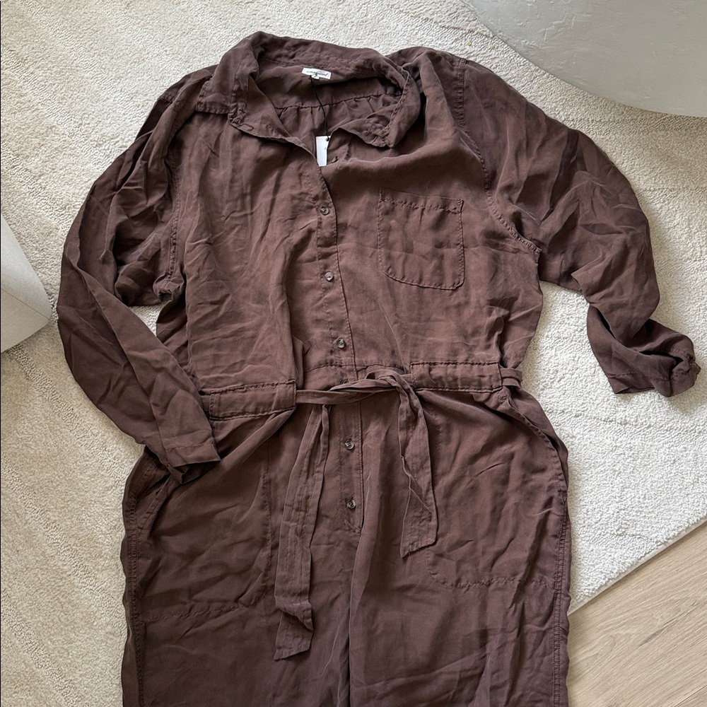 NEW- Unsubscribed 100% Silk Brown Long-Sleeve Jumpsuit - Picture 2 of 12